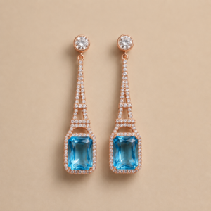 Xuping Rose Gold Plated Drop Earrings for Women with Blue Crystal Stone | Long Dangler Earrings with American Diamonds - Image 5