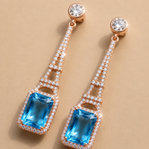 Xuping Rose Gold Plated Drop Earrings for Women with Blue Crystal Stone | Long Dangler Earrings with American Diamonds