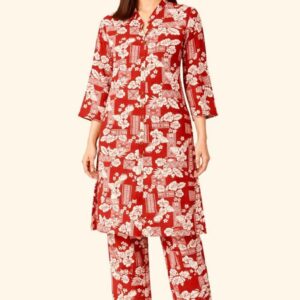 Women’s Rust Printed 2 Piece Co-Ord Set | Mix Cotton Kurta & Pant Set | Floral Casual Wear Outfit
