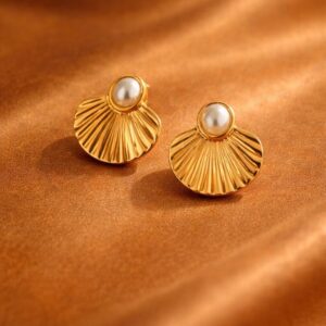 Alternative view of Gold Plated Pearl Fan Stud Earrings for Women | Anti Tarnish Polish | Designer Imitation Jewellery