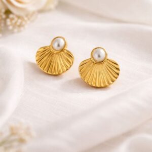 Gold Plated Pearl Fan Stud Earrings for Women | Anti Tarnish Polish | Designer Imitation Jewellery