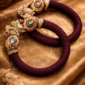 Alternative view of Moti Kada Bangle Set for Women – Maroon & Golden Peacock Design | Traditional Ethnic Free Size Bangles | 2 Pieces Set