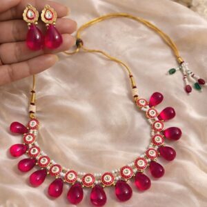 Alternative view of Pink Teardrop Artificial Jewellery Necklace Set for Women | Gold Plated Traditional Pearl & Kundan Style Choker with Matching Earrings