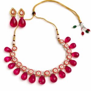Pink Teardrop Artificial Jewellery Necklace Set for Women | Gold Plated Traditional Pearl & Kundan Style Choker with Matching Earrings