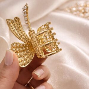 Alternative view of Gold Pearl Bow Hair Claw Clip for Women | Elegant Metal Hair Clutcher with Pearl Detailing
