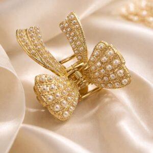 Gold Pearl Bow Hair Claw Clip for Women | Elegant Metal Hair Clutcher with Pearl Detailing