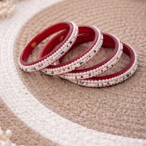 Red Plastic Bangles Set with Pearl & Moti Work | Traditional Beaded Bridal Chooda Style Bangles for Women