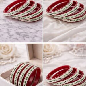 Alternative view of Red Plastic Bangles Set with White Pearl & Green Bead Work | Traditional Moti Designer Bangles for Women