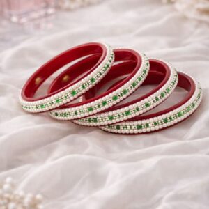 Red Plastic Bangles Set with White Pearl & Green Bead Work | Traditional Moti Designer Bangles for Women