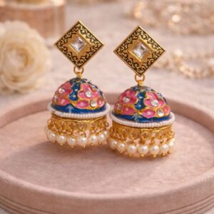 Alternative view of Traditional Brass Jhumki Earrings for Women | Multicolor Enamel Dome Jhumka with Pearl Drops | Ethnic Gold Plated Statement Earrings