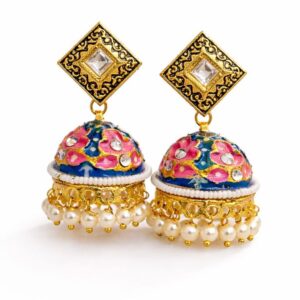 Traditional Brass Jhumki Earrings for Women | Multicolor Enamel Dome Jhumka with Pearl Drops | Ethnic Gold Plated Statement Earrings