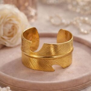 Alternative view of Anti-Tarnish Gold Leaf Pattern Cuff Bracelet for Women | Adjustable Open Cuff Bangle | Statement Fashion Jewelry