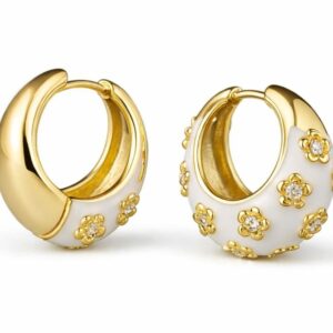 Anti-Tarnish White Enamel Flower Hoop Earrings for Women | Gold Plated Chunky Huggie Earrings | Elegant Fashion Jewelry | Lightweight Daily Wear Earrings