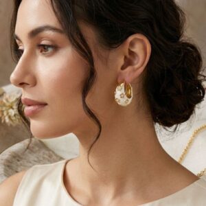Alternative view of Anti-Tarnish White Enamel Flower Hoop Earrings for Women | Gold Plated Chunky Huggie Earrings | Elegant Fashion Jewelry | Lightweight Daily Wear Earrings