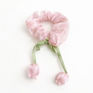 Elegant Tulip Ribbon Tissue Silk Scrunchie for Women & Girls | Soft Elastic Hair Tie with Tulip Bud Tassels
