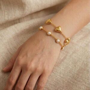 Alternative view of Gold-Plated Heart Charm & Pearl Bracelet Set for Women (Pack of 2) | Anti Tarnish Adjustable Layered Bracelets