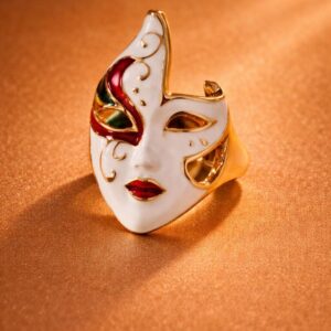 Alternative view of Luxury Venetian Mask Ring for Women | Anti-Tarnish Gold Plated Statement Ring | Enamel Finish Adjustable Finger Ring | Unique Party & Cocktail Jewelry
