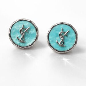 Korean Style YSL Inspired Turquoise Round Stud Earrings for Women | Premium Silver Finish Minimalist Earrings