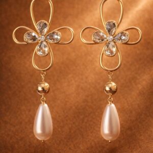 Alternative view of Gold Plated Anti-Tarnish Floral Drop Earrings with Pearl – Elegant Lightweight Designer Earrings for Women & Girls