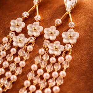 Alternative view of Gold Plated Floral Pearl Tassel Earrings for Women & Girls | Long Designer Chandelier Earrings with Crystal Beads | Anti-Tarnish Party & Wedding Jewellery