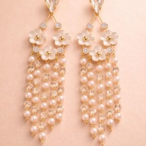 Gold Plated Floral Pearl Tassel Earrings for Women & Girls | Long Designer Chandelier Earrings with Crystal Beads | Anti-Tarnish Party & Wedding Jewellery
