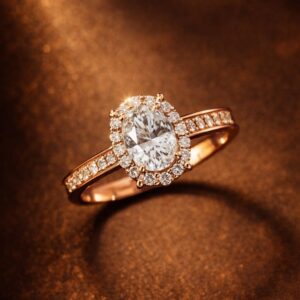 Alternative view of Rose Gold Plated Oval American Diamond Ring for Women | Brass Anti-Tarnish Finger Ring | Elegant Solitaire Halo Design