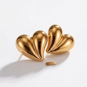 Gold Plated Heart Shape Earrings for Women | Anti Tarnish Statement Stud Earrings | Trendy Chunky Heart Design |