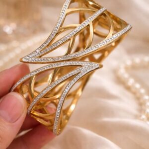 Alternative view of Anti-Tarnish Gold Plated Statement Bracelet for Women | Crystal Studded Open Cuff Bangle