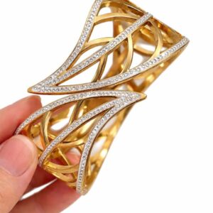 Anti-Tarnish Gold Plated Statement Bracelet for Women | Crystal Studded Open Cuff Bangle