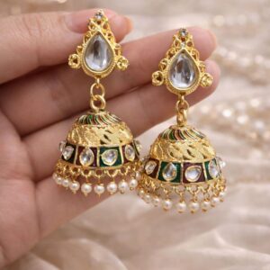 Alternative view of Gold Plated Traditional Jhumki Earrings for Women | Brass Kundan & Pearl Drop Earrings