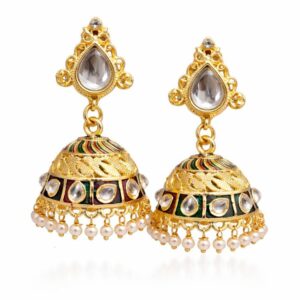 Gold Plated Traditional Jhumki Earrings for Women | Brass Kundan & Pearl Drop Earrings