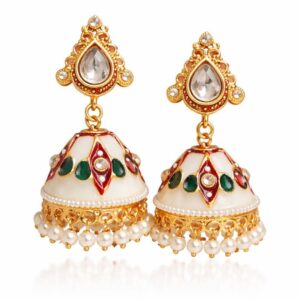 Gold Plated Traditional Jhumki Earrings for Women | Brass Kundan & Pearl Drop Jhumkas