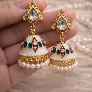 Alternative view of Gold Plated Traditional Jhumki Earrings for Women | Brass Kundan & Pearl Drop Jhumkas