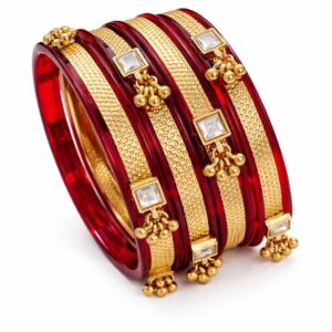 Red & Gold Traditional Bangles for Women | Plastic Bangles with Brass Ghoongroo & Stone Work