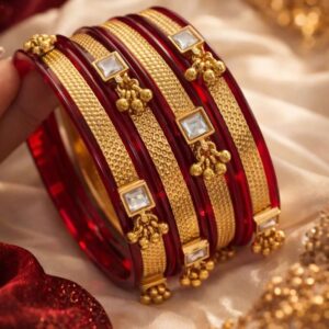 Alternative view of Red & Gold Traditional Bangles for Women | Plastic Bangles with Brass Ghoongroo & Stone Work