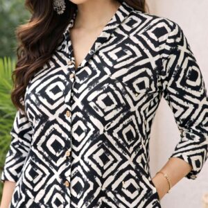 Alternative view of Women’s Black & White Printed Kurta Palazzo Co-Ord Set | Geometric Pattern Straight Kurti with Matching Pants | Casual Ethnic Wear Set for Women