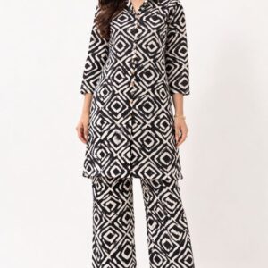 Women’s Black & White Printed Kurta Palazzo Co-Ord Set | Geometric Pattern Straight Kurti with Matching Pants | Casual Ethnic Wear Set for Women