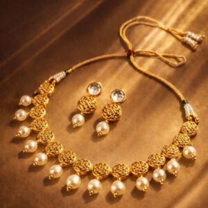 Alternative view of Gold Plated  Pearl Necklace Set for Women | Traditional Choker Necklace with Matching Earrings | Adjustable Ethnic Jewelry Set for Wedding, Festive & Party Wear