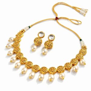 Gold Plated  Pearl Necklace Set for Women | Traditional Choker Necklace with Matching Earrings | Adjustable Ethnic Jewelry Set for Wedding, Festive & Party Wear
