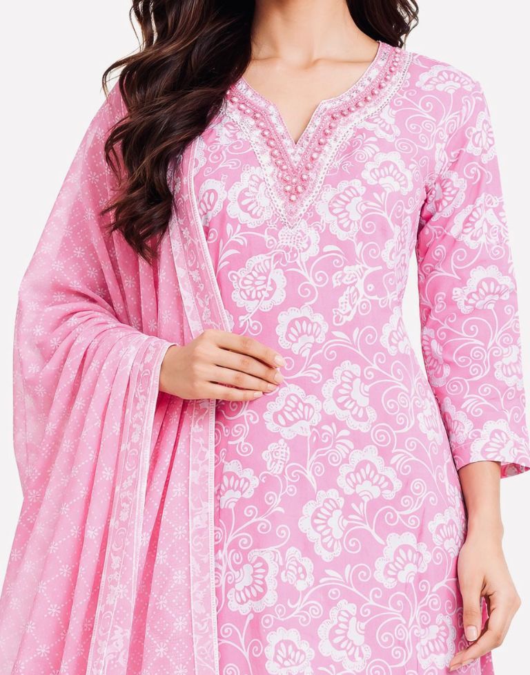 Women’s Pure Cotton 3 Piece Kurta Set with Dupatta | Floral Printed Straight Kurta, Pants & Dupatta | Ethnic Wear Suit Set for Daily, Office & Festive Wear - Image 2