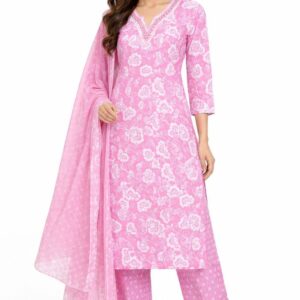 Women’s Pure Cotton 3 Piece Kurta Set with Dupatta | Floral Printed Straight Kurta, Pants &  Dupatta | Ethnic Wear Suit Set for Daily, Office & Festive Wear