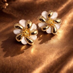 Alternative view of Gold Plated Floral Stud Earrings for Women | Anti Tarnish Enamel Finish | White Flower Design | Imitation Jewellery