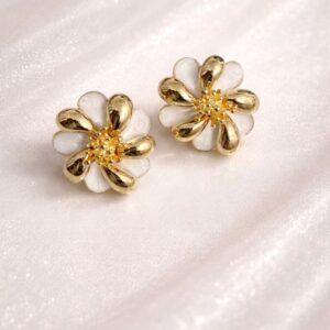 Gold Plated Floral Stud Earrings for Women | Anti Tarnish Enamel Finish | White Flower Design | Imitation Jewellery
