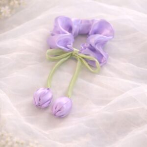Alternative view of Elegant Tulip Ribbon Tissue Silk Scrunchie for Women & Girls | Soft Elastic Hair Tie with Tulip Bud Tassels