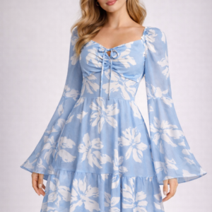 Sky Blue Floral Mesh Ruched Mini Dress for Women