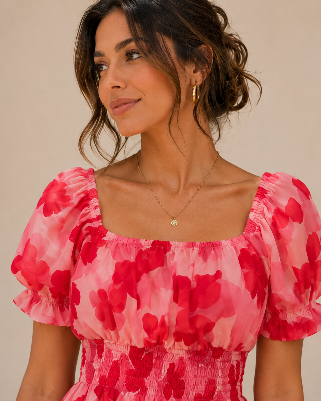 Women’s Off-Shoulder Floral Smocked Top – Pink & Red Puff Sleeve Summer Blouse - Image 5