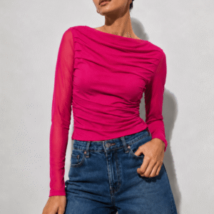 Women’s Mesh Net Full Sleeve Ruched Crop Top – Sheer Stretch Slim Fit Party Wear Top for Women (Hot Pink)