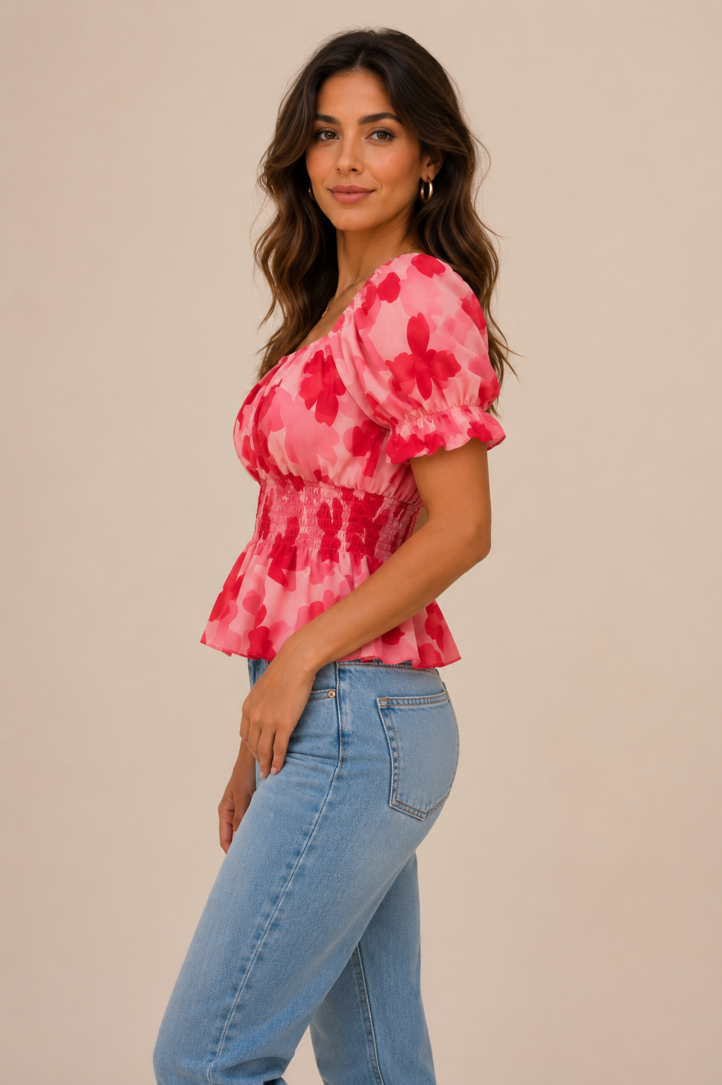 Women’s Off-Shoulder Floral Smocked Top – Pink & Red Puff Sleeve Summer Blouse - Image 6