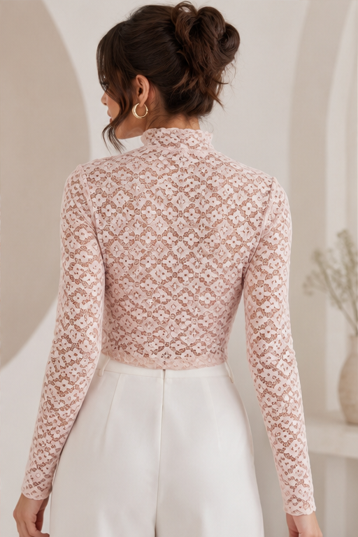 Women’s Ruched Net Top | High Neck Full Sleeve Sheer Lace Top | Slim Fit Party & Casual Wear (Peach/Pink Tone) - Image 4