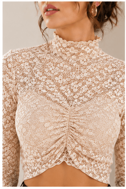 Beige Lace Padded Ruched Crop Top for Women - Image 2
